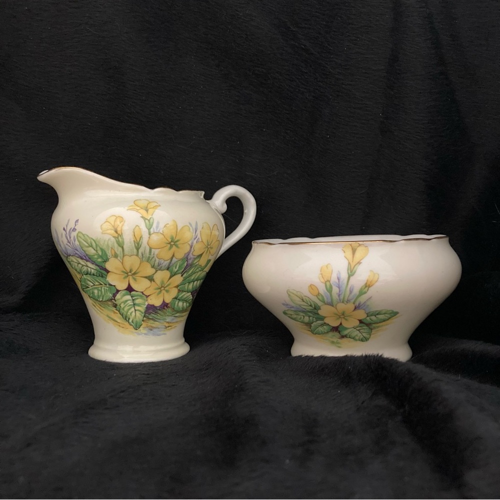 Aynsley bone china creamer and sugar bowl set with primrose pattern.